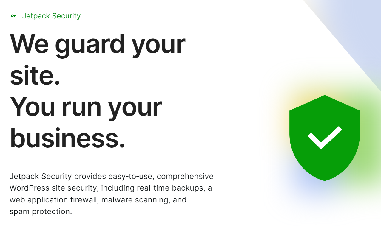 Home page di Jetpack Security con lo slogan "noi proteggiamo il tuo sito. Tu gestisci la tua attività".