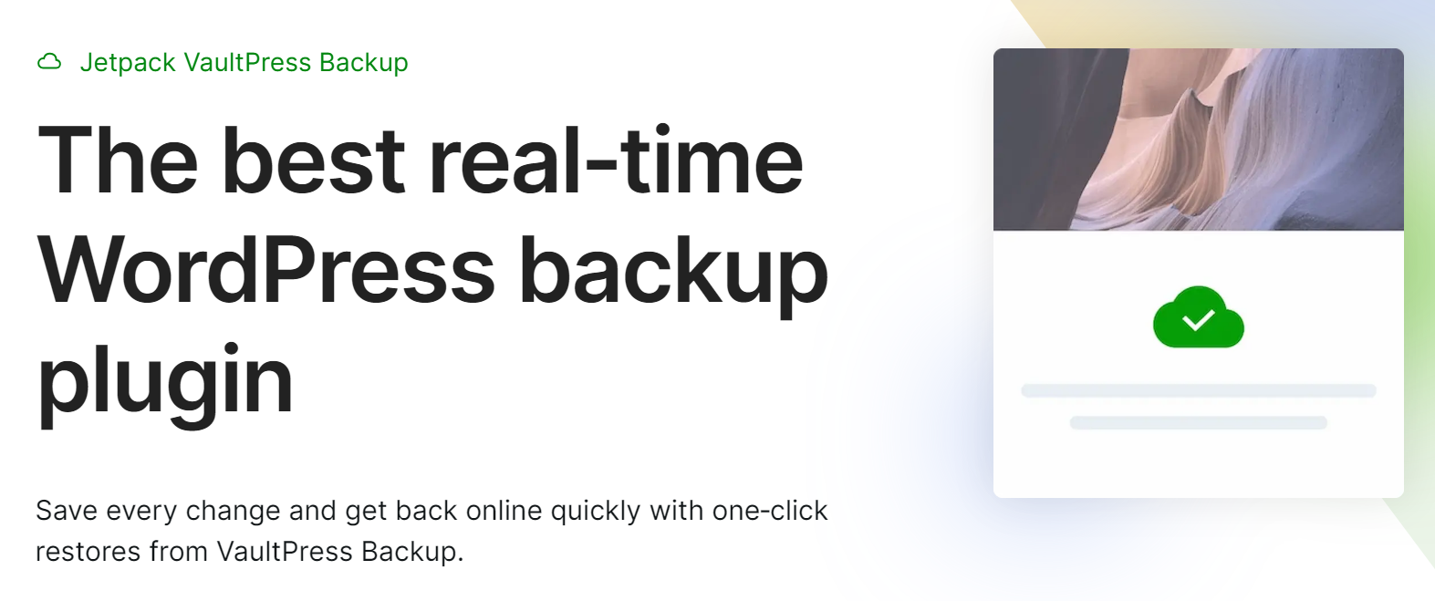 Pagina Jetpack VaultPress Backup cu textul „cel mai bun plugin de backup WordPress în timp real”