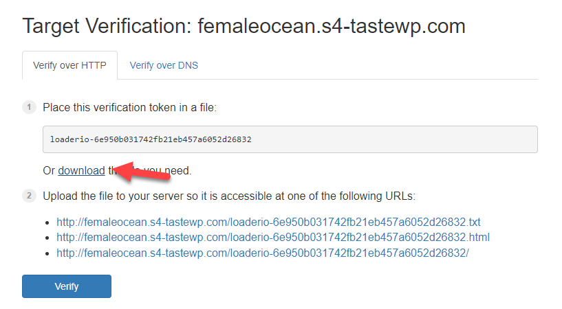 doğrulama dosyasını indir - WordPress web sitesine stres testi yapın