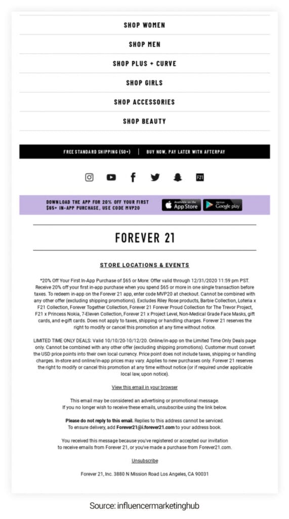 Pieds de page d'e-mail Forever 21