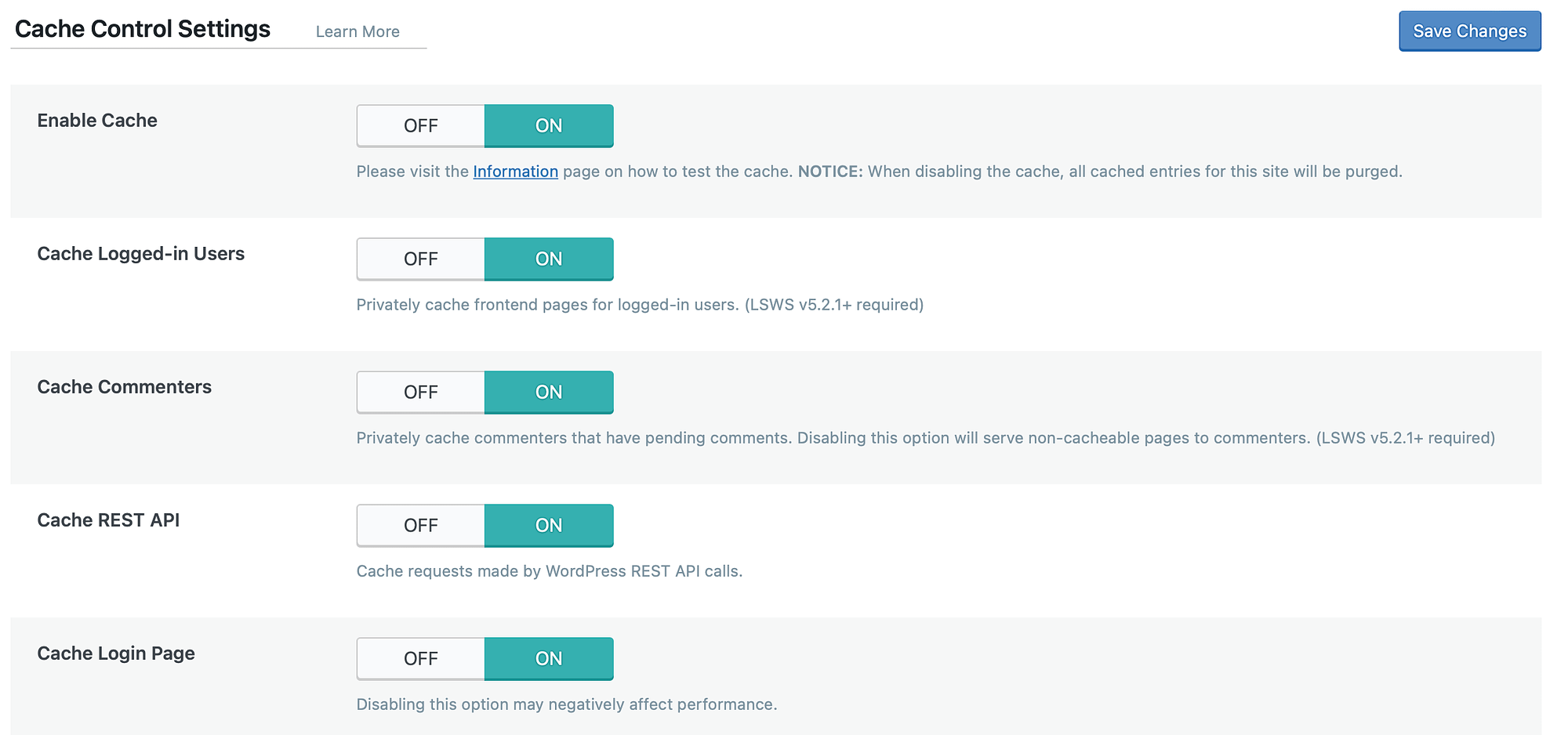 Configurações de cache Litespeed.