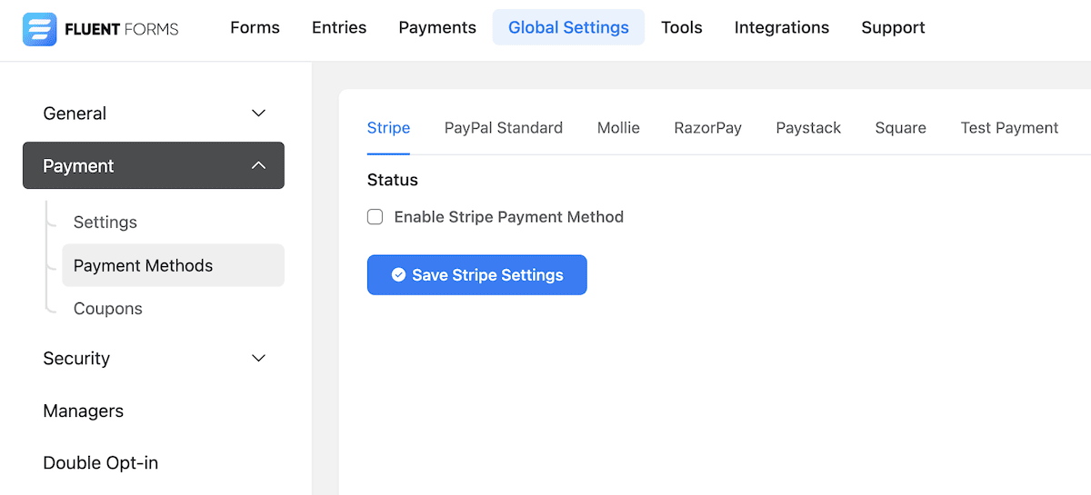 Mengaktifkan Pengaturan Stripe dalam Formulir Lancar.