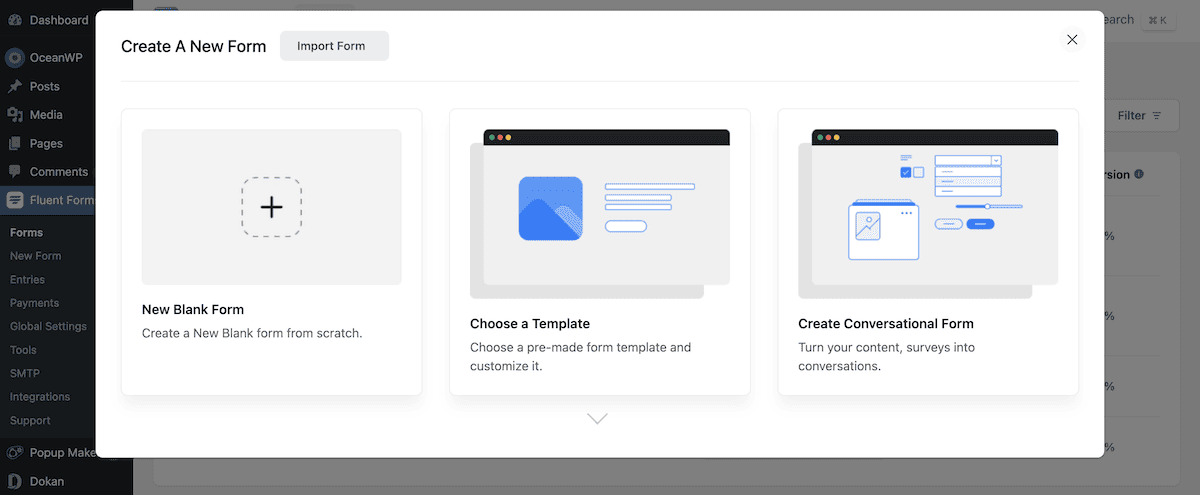 Scelta di un nuovo tipo di modulo all'interno di Fluent Forms.