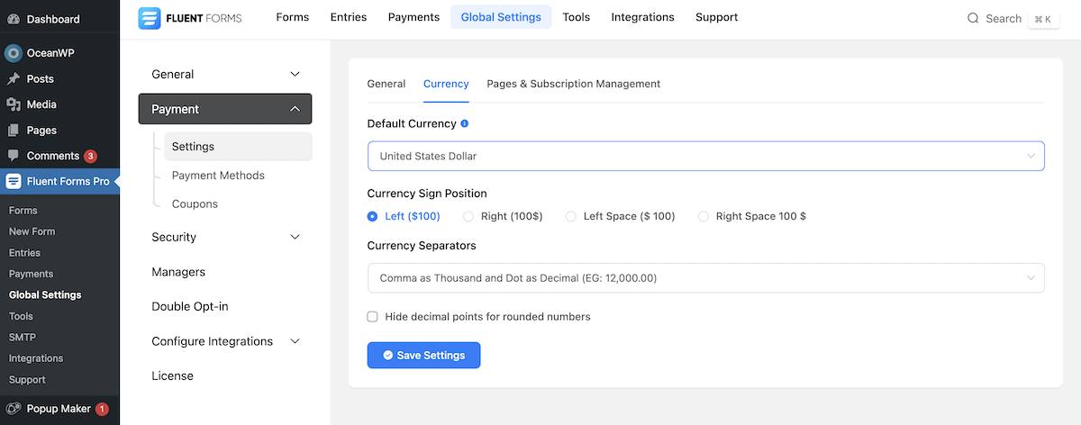 Ajustement des paramètres de devise pour les paiements Fluent Forms.