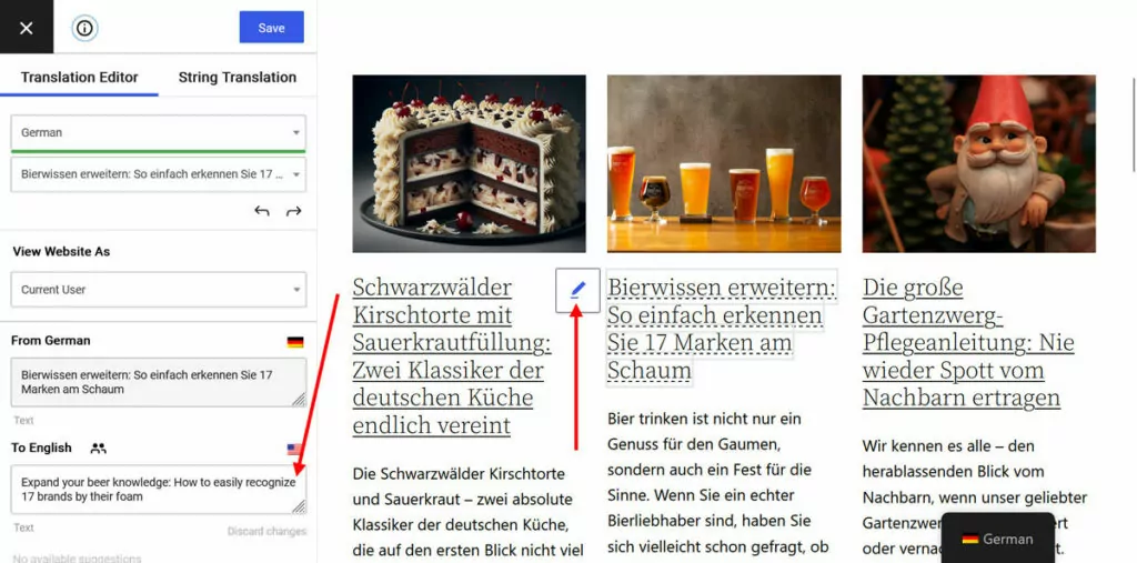 Übersetzen Sie Website-Strings vom Deutschen ins Englische