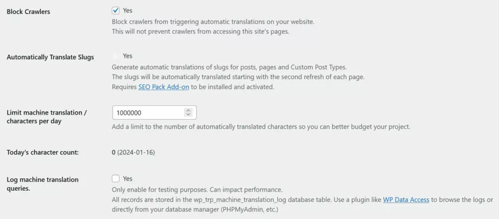 opciones adicionales de traducción automática