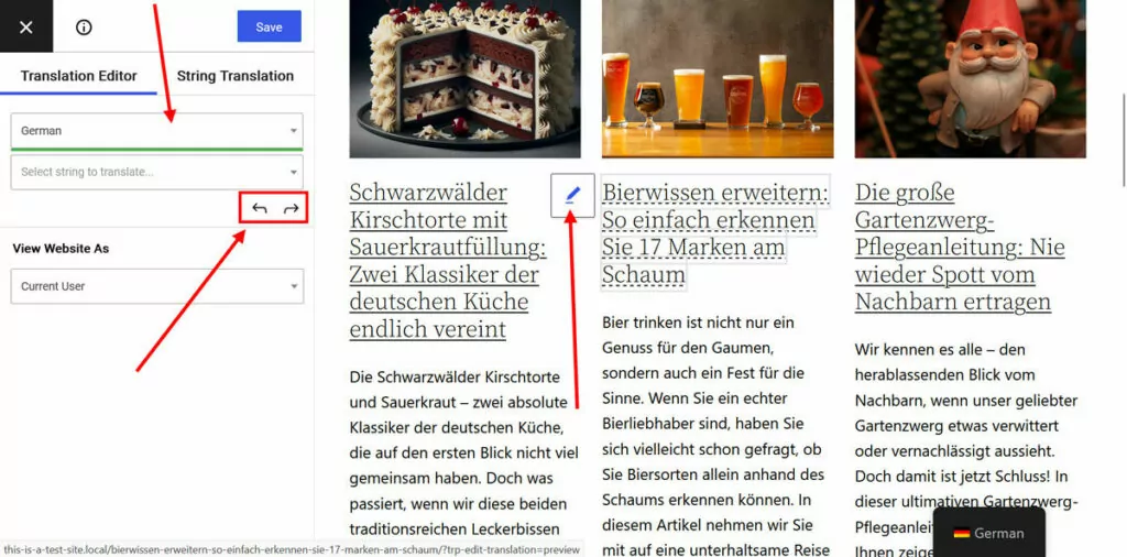 Wählen Sie eine Zeichenfolge aus, die auf einer deutschen Website übersetzt werden soll