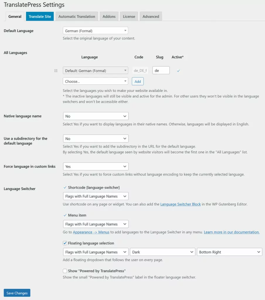 use la configuración de Translatepress para traducir un sitio web alemán