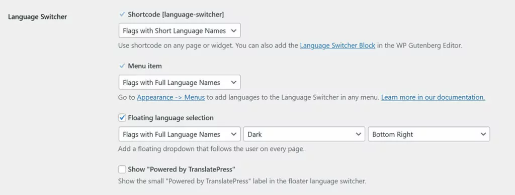 Einstellungen des Translatepress-Sprachumschalters