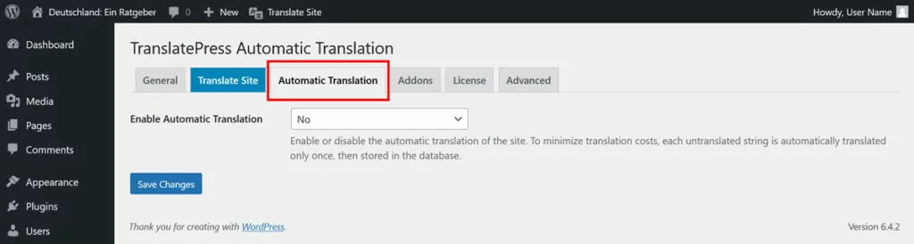 Automatische Übersetzungsoptionen in TranslatePress