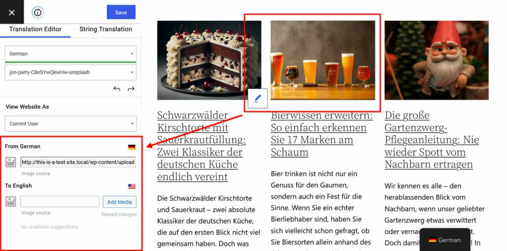 Übersetzen Sie Bilder auf einer deutschen Website in Translatepress