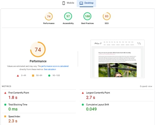 Risultati desktop di PageSpeed ​​Insights prima di NitroPack