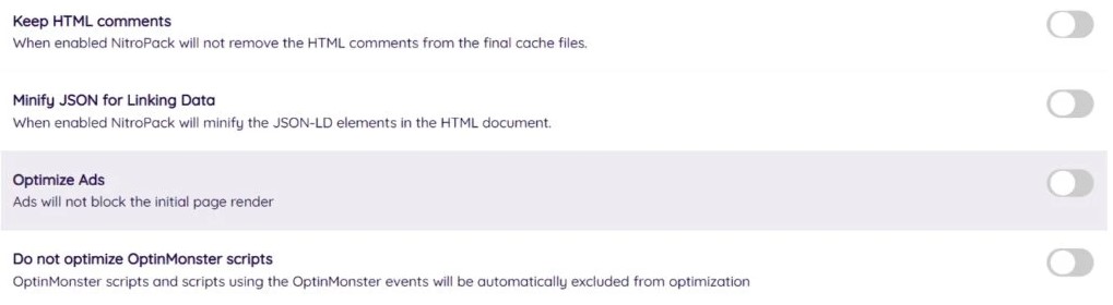 Configurações de otimização de anúncios NitroPack