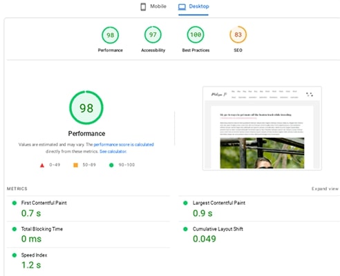 Resultados do PageSpeed ​​​​Insights Desktop após usar o NitroPack