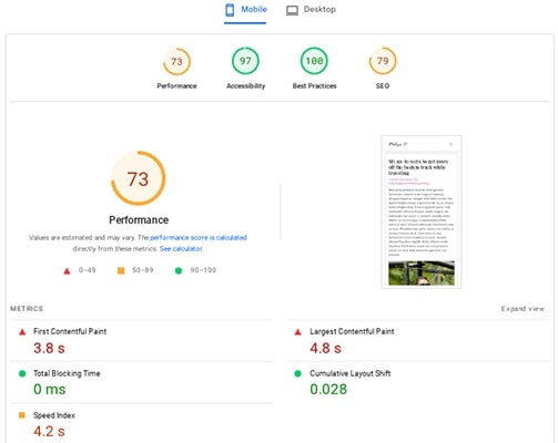 Wyniki PageSpeed ​​Insights na urządzenia mobilne przed NitroPack