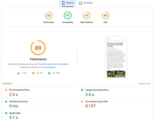 PageSpeed ​​Insights Rezultatele mobile după utilizarea NitroPack