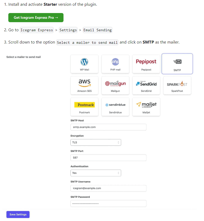 تسليم البريد الإلكتروني esps وsmtps example_use Icegram Express كـ smtp