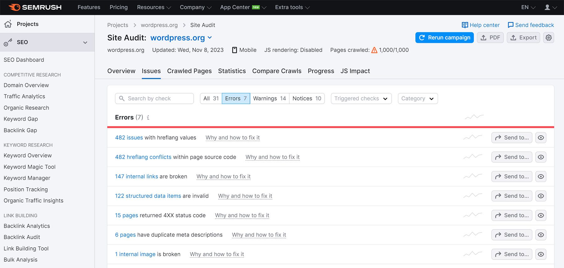 captura de pantalla del informe de errores de auditoría del sitio de semrush