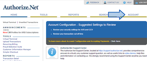 Panel de cuenta de Authorize.net