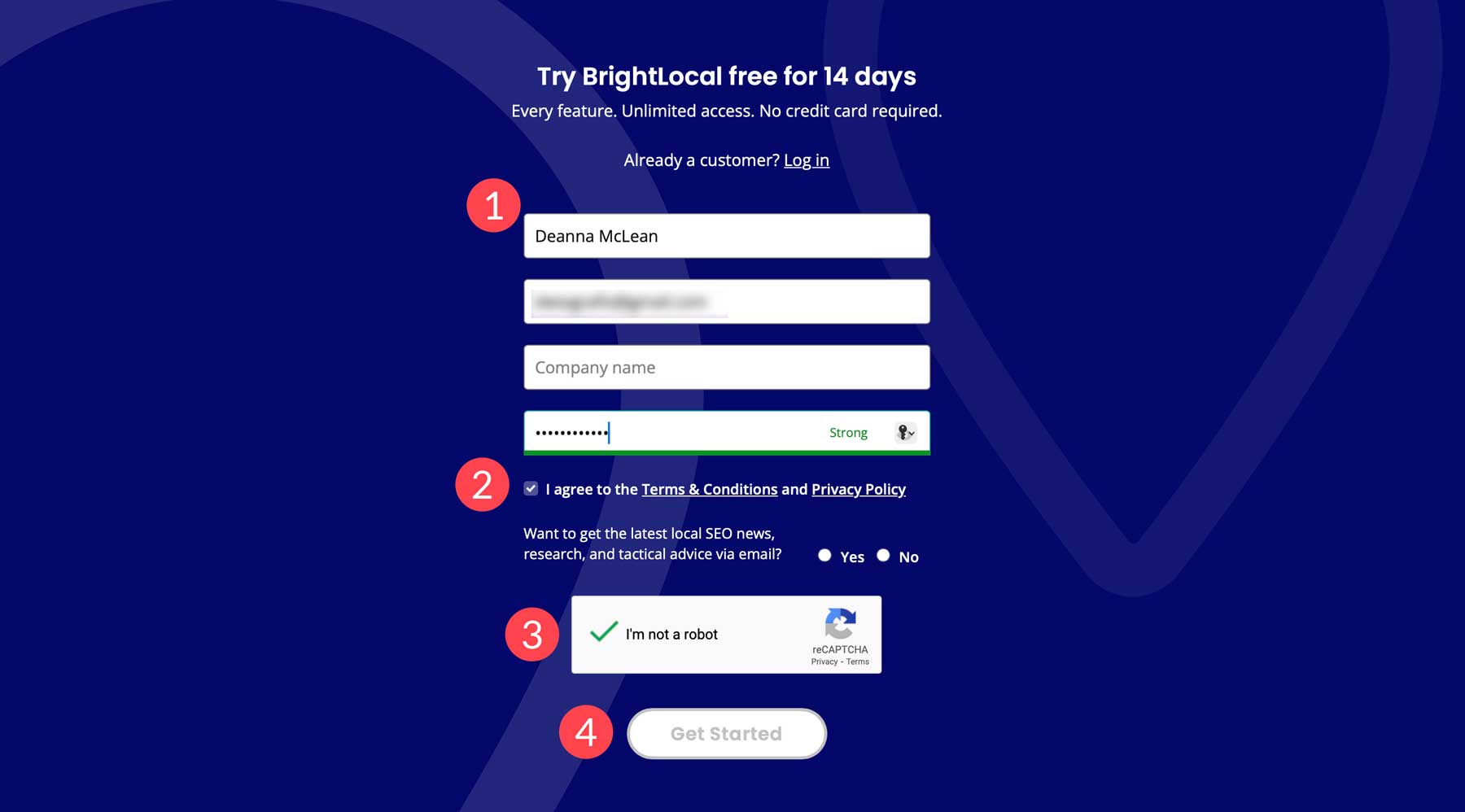 Создать учетную запись Brightlocal