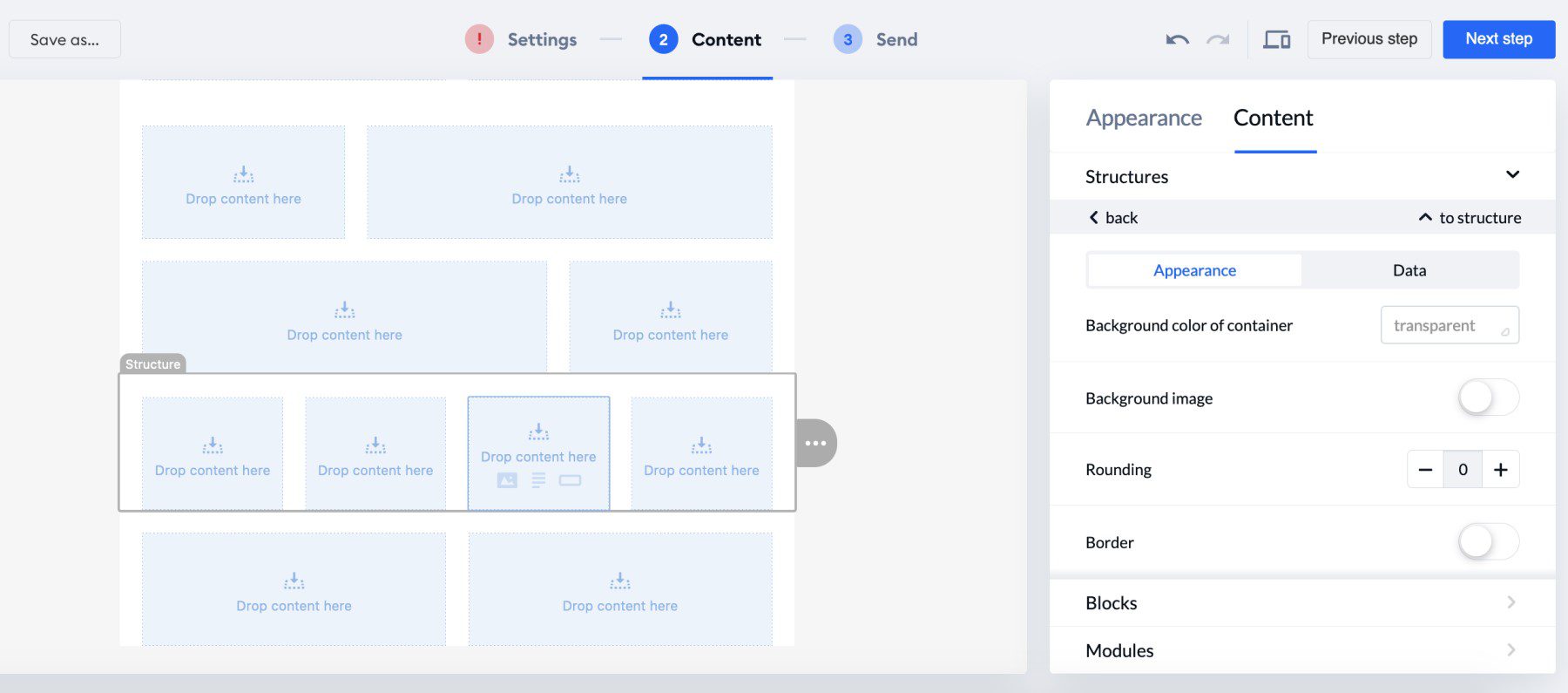 Colunas e layouts do editor de e-mail