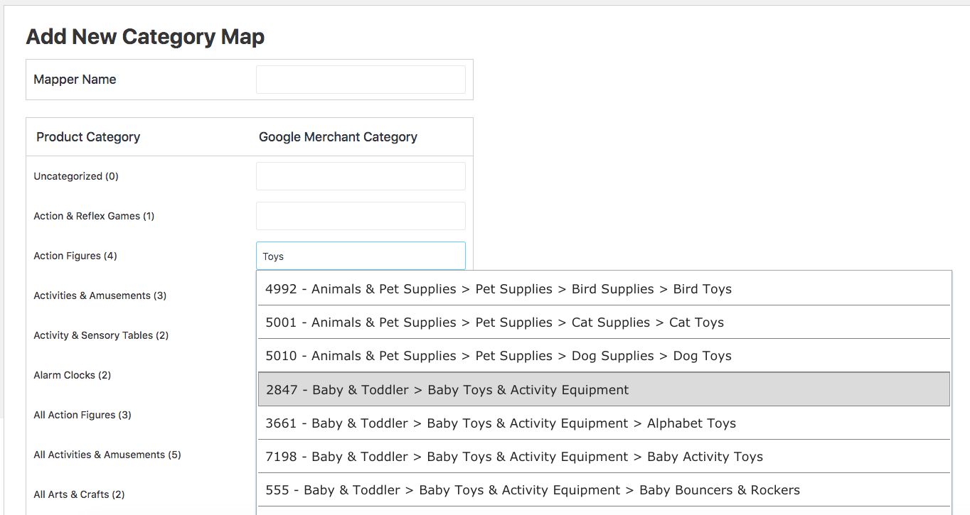 Esempio di mappatura delle categorie