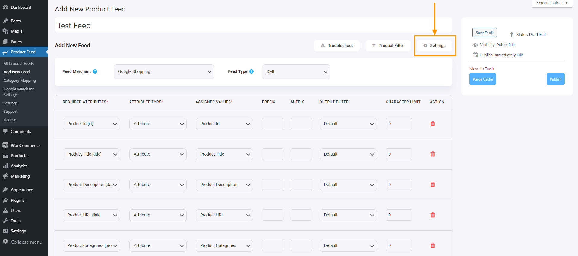 Botón de configuración del producto