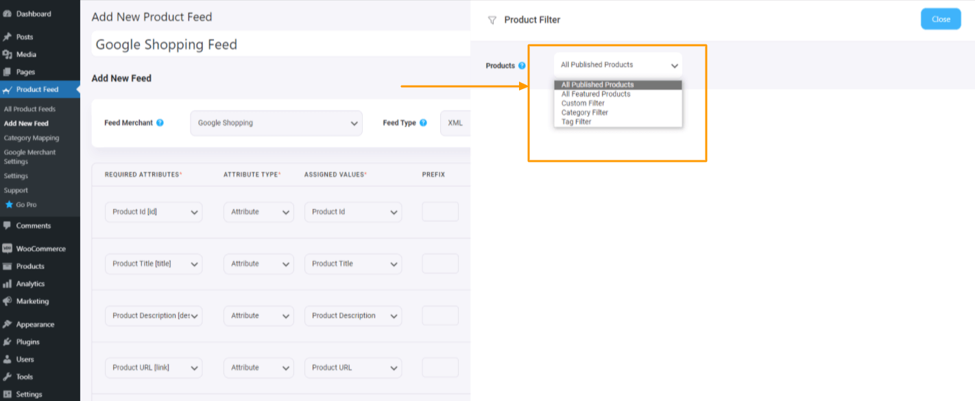 Opções de filtro de produto