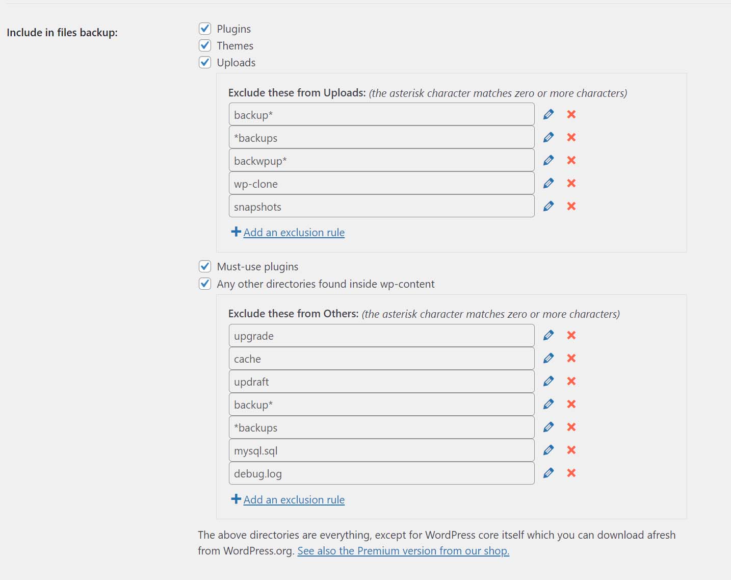 Captura de tela mostrando as configurações do arquivo de backup do UpdraftPlus.