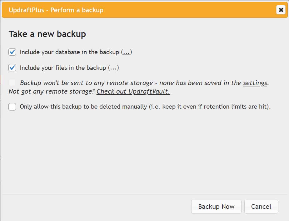 Uno screenshot che mostra la finestra di dialogo di backup attivata in UpdraftPlus quando viene avviato un backup