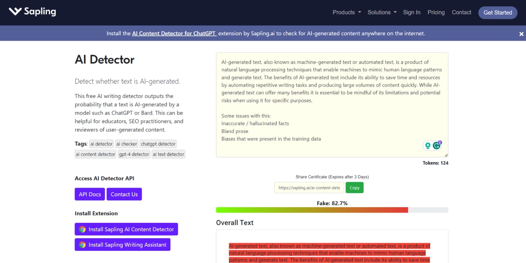 Ein Screenshot des KI-Inhaltsdetektors von Sapling