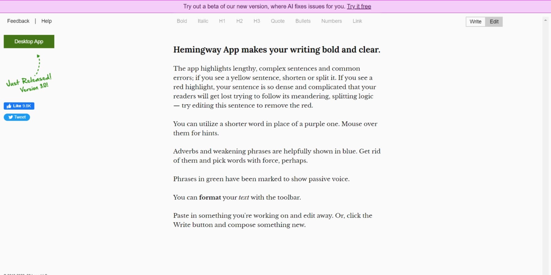 Ein Screenshot der Homepage des Hemmingway-Editors