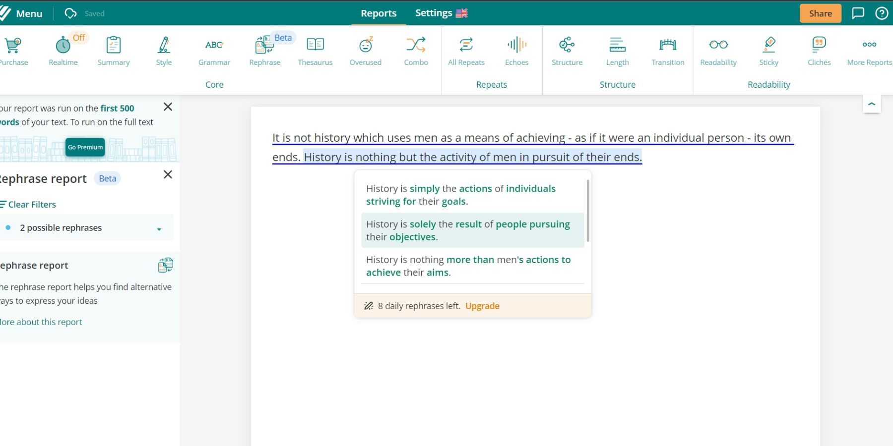 Una captura de pantalla de la herramienta de reformulación de ProWritingAid