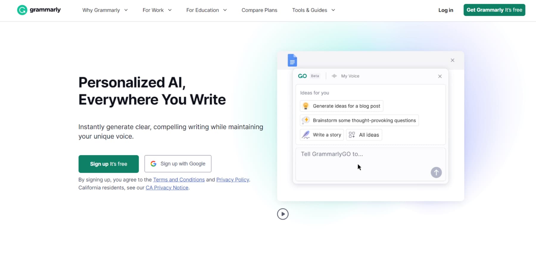 Ein Screenshot der Homepage von Grammarly