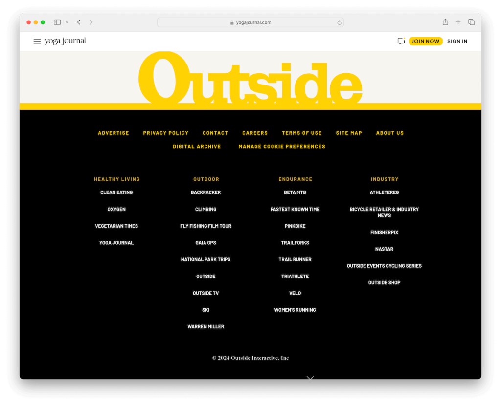 ヨガジャーナルウェブサイトのフッターの例