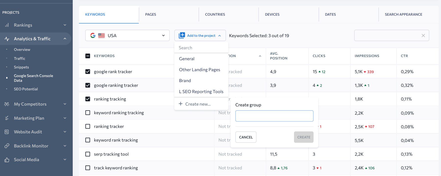 Agrupamento de projetos de palavras-chave SE Ranking