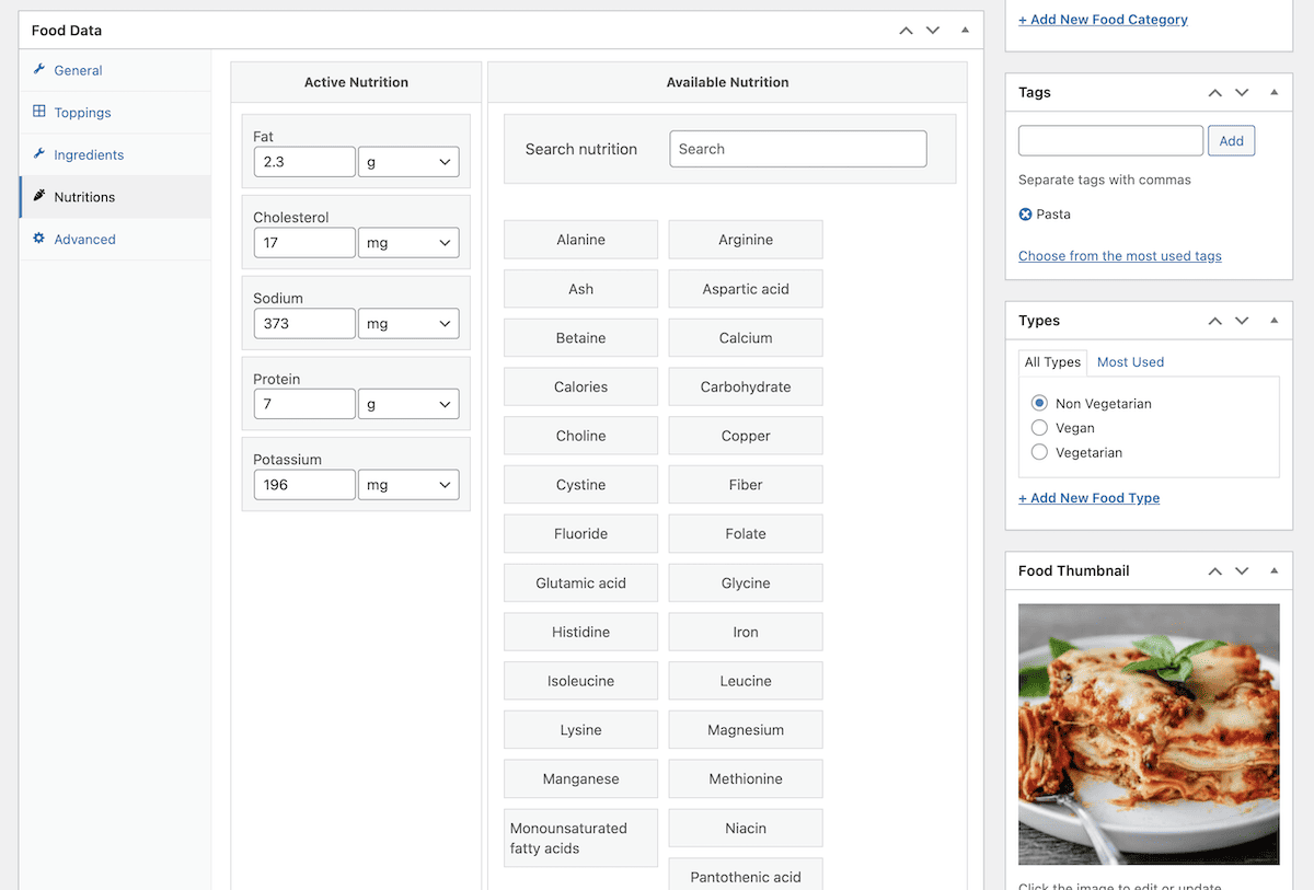 L’écran Nutritions dans la métabox Food Data.