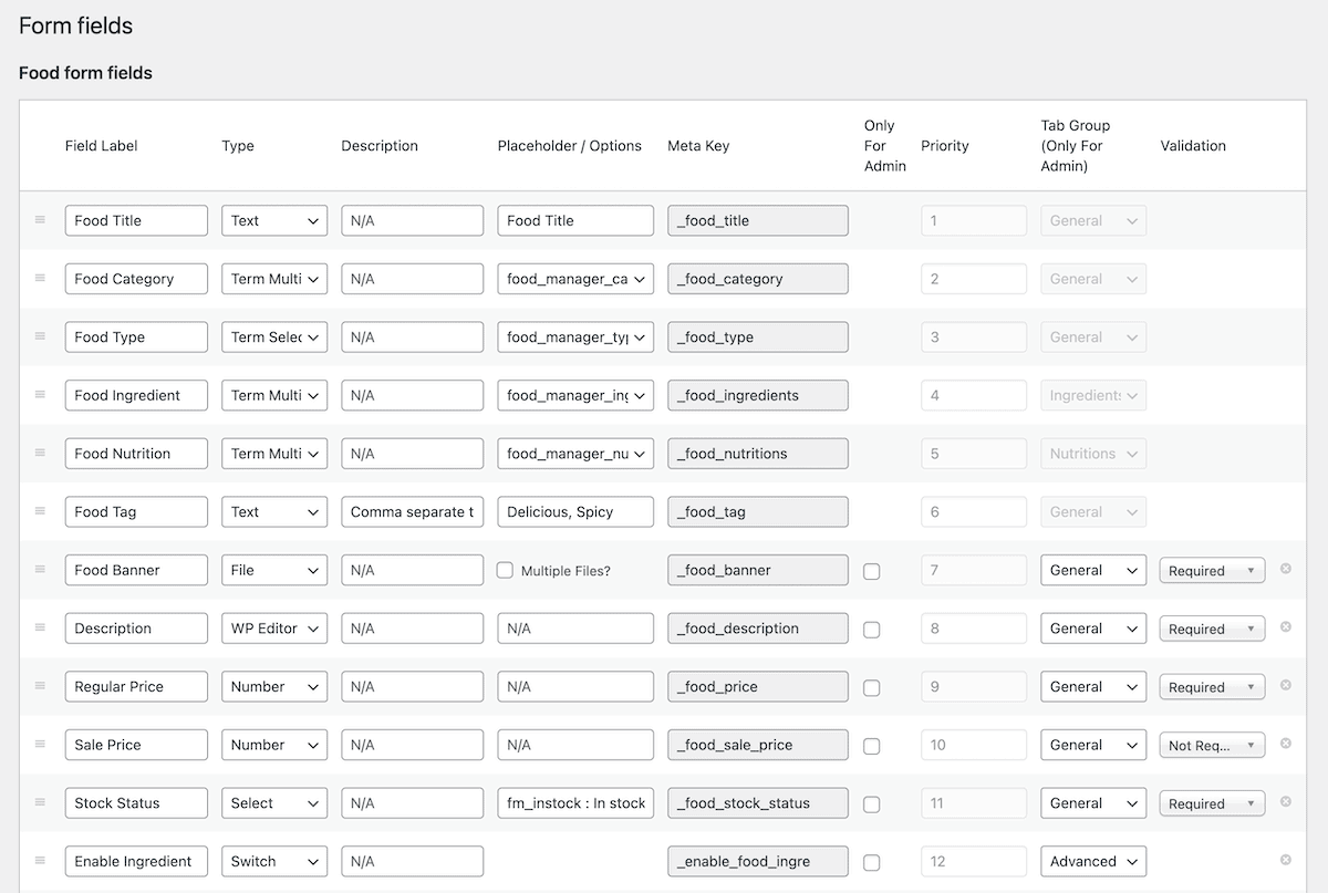 หน้าจอช่องแบบฟอร์มภายใน WP Food Manager