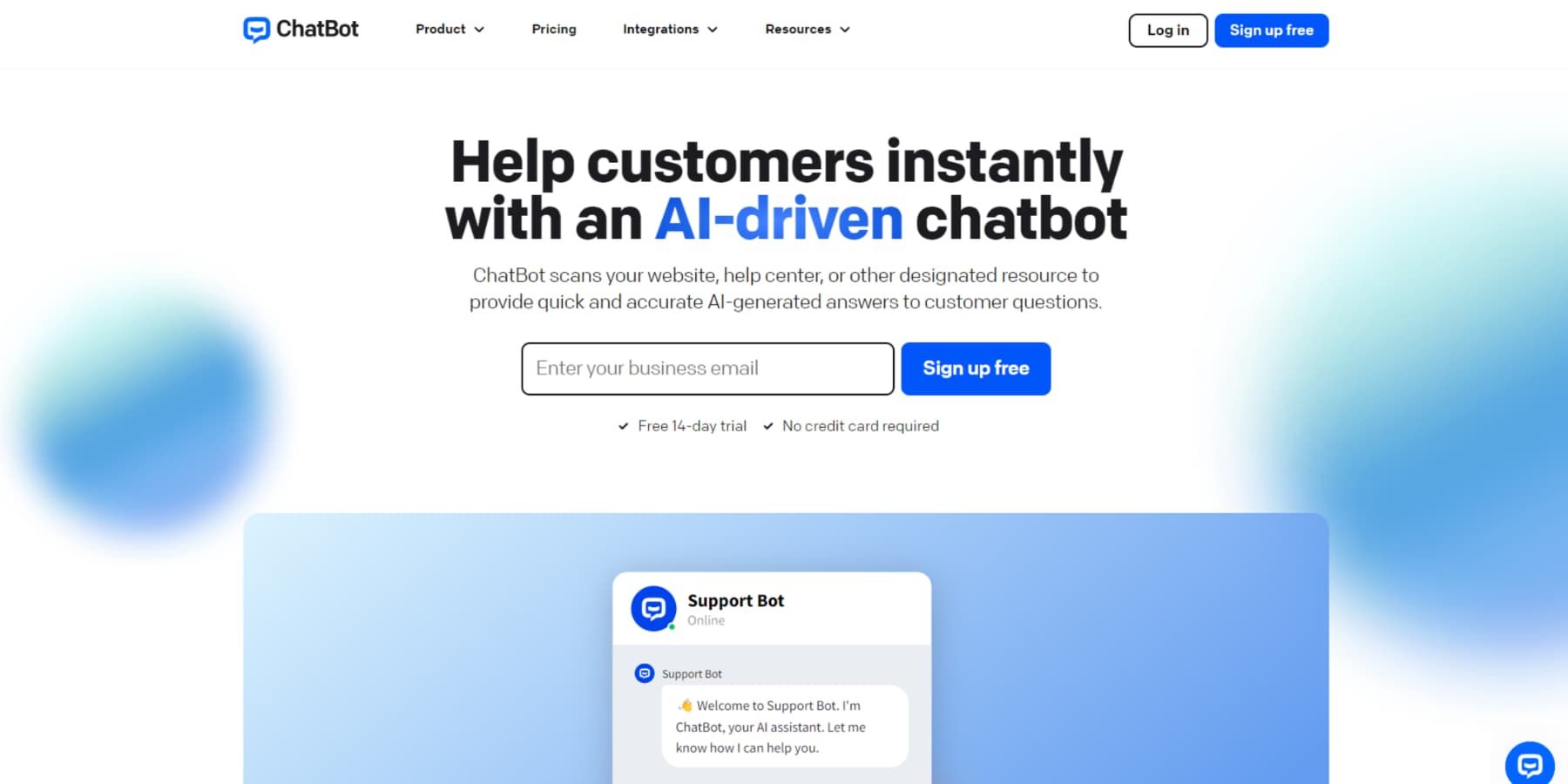 Uma captura de tela da página inicial do Chatbot.com