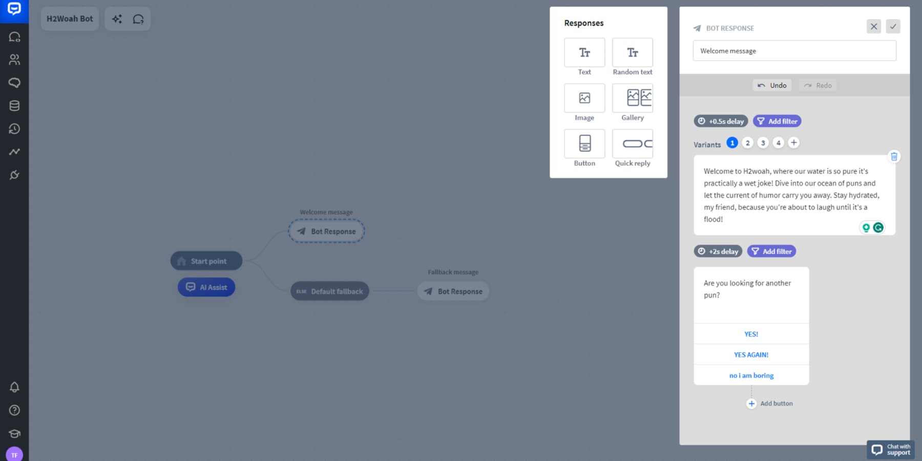 Uma captura de tela da construção de respostas dinâmicas com Chatbot.com