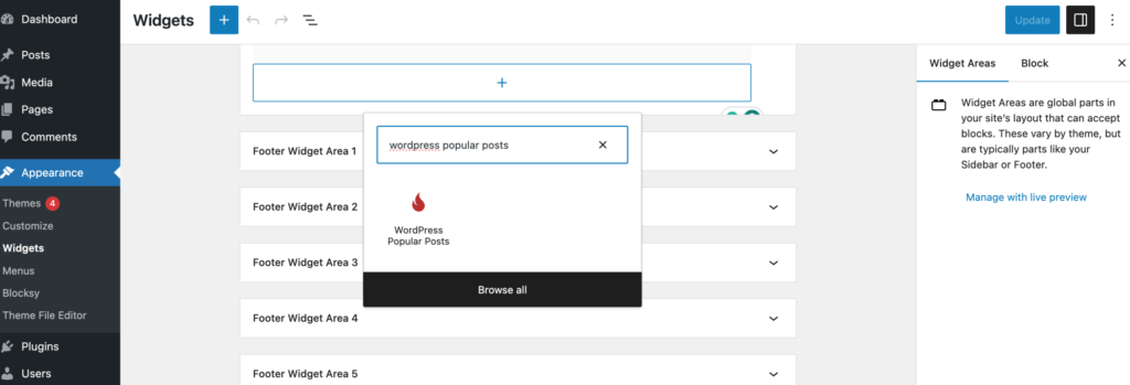 このスクリーンショットは、WordPress の人気投稿ブロックを追加する方法を示しています。