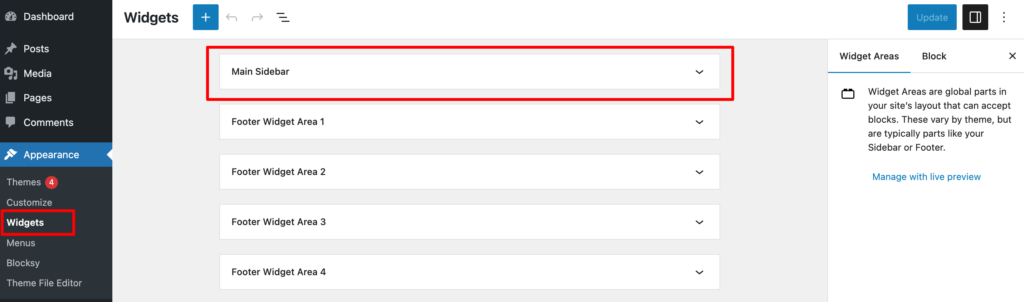 これは WordPress ウィジェット領域を示すスクリーンショットです