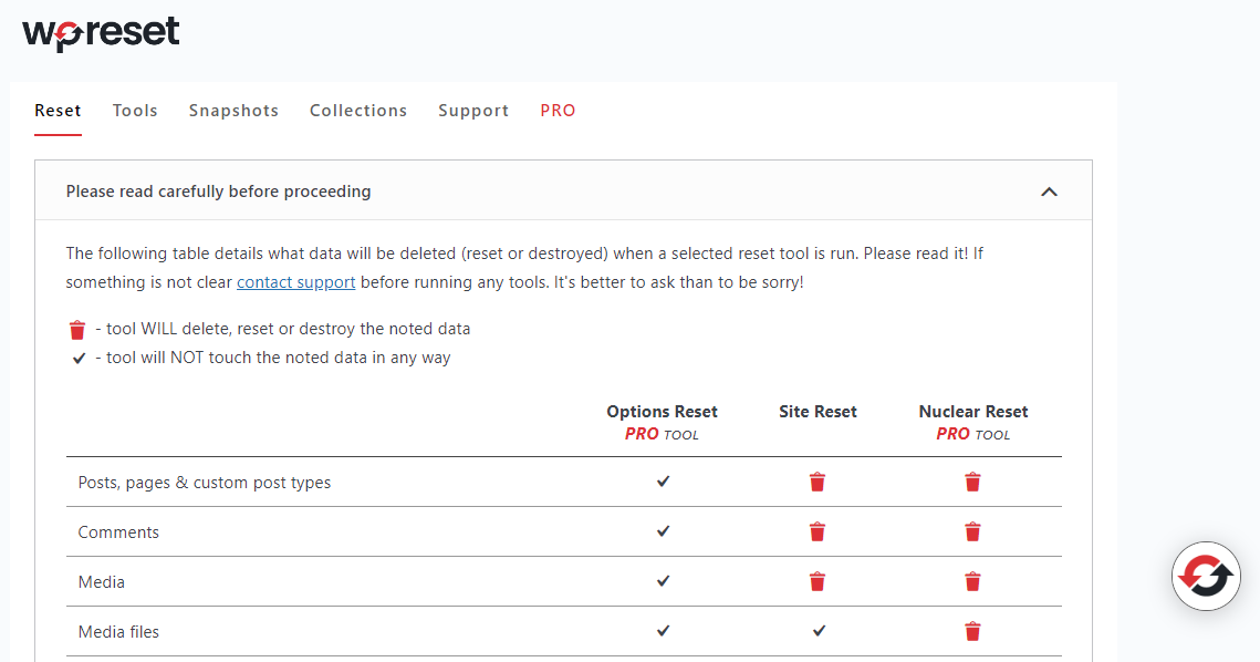 Reset WordPress Tingkat Lanjut memungkinkan Anda mengatur ulang seluruh instalasi WordPress Anda (atau sebagiannya).