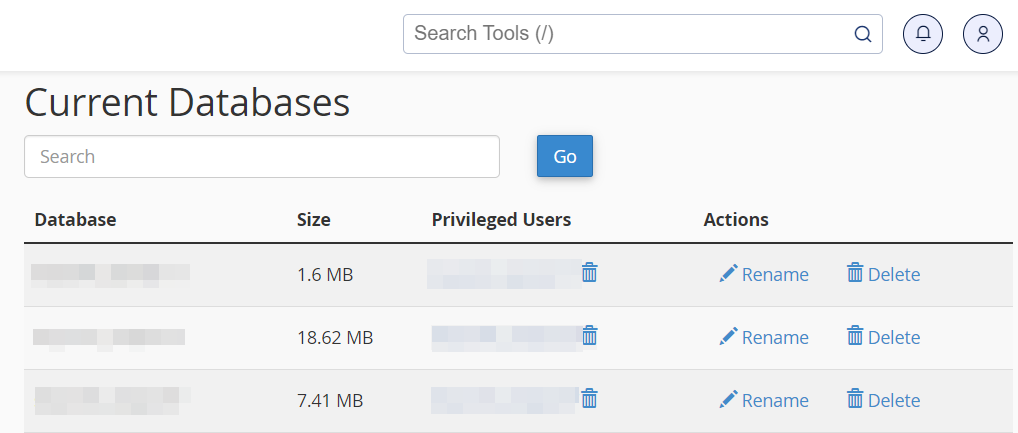 Isso o levará a uma página com uma lista de bancos de dados na instalação do WordPress.