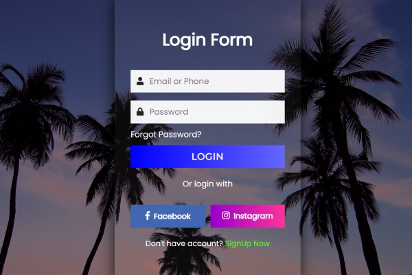 Transparent Login form with social media sign up fullscreen GoSnippets