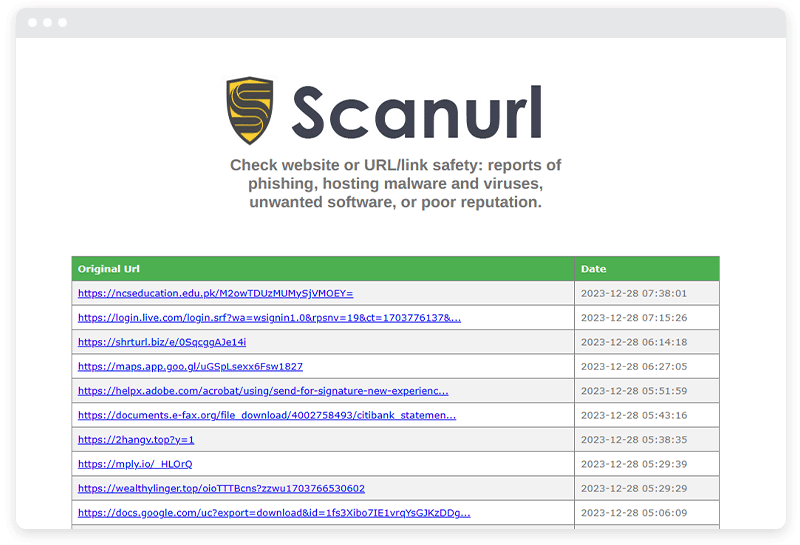 Scanurl 웹사이트 스크린샷