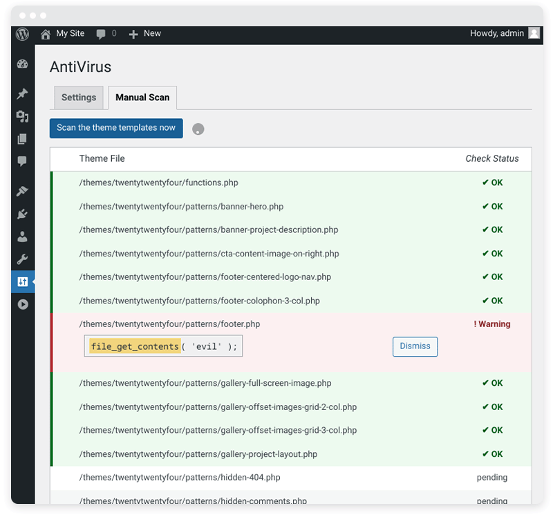 AntiVirus 플러그인 수동 검사 대시보드의 스크린샷.