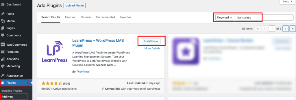 Ini adalah tangkapan layar yang menunjukkan cara menginstal plugin LearnPress dari dashboard WordPress.