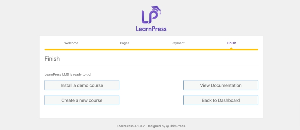 Esta es una imagen que muestra el último paso del proceso de configuración del complemento LearnPress.