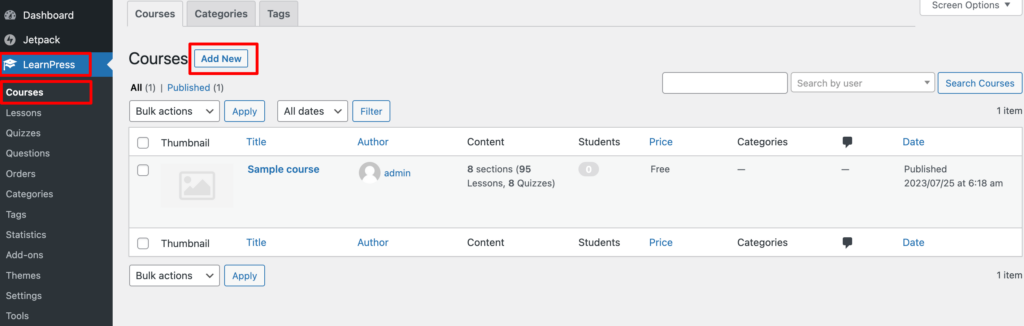 Ini adalah tangkapan layar yang menunjukkan cara menambahkan kursus baru menggunakan plugin LearnPress.
